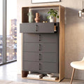 Der Hochschrank misst 155 x 80 x 41 cm in Dunkelgrau und Eichenbraun