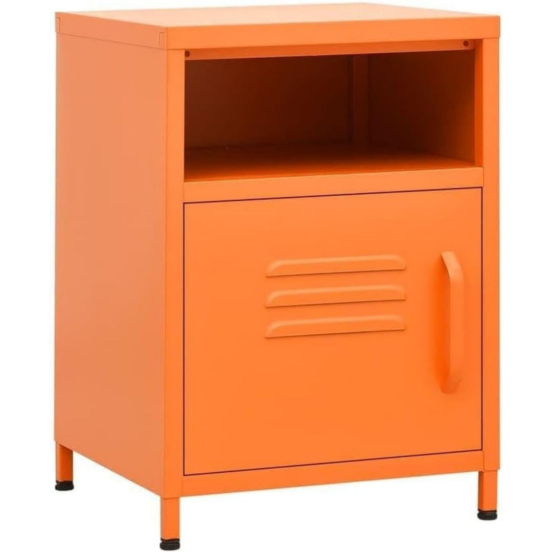 Ein Metallgestell praegt den Nachttisch in Orange